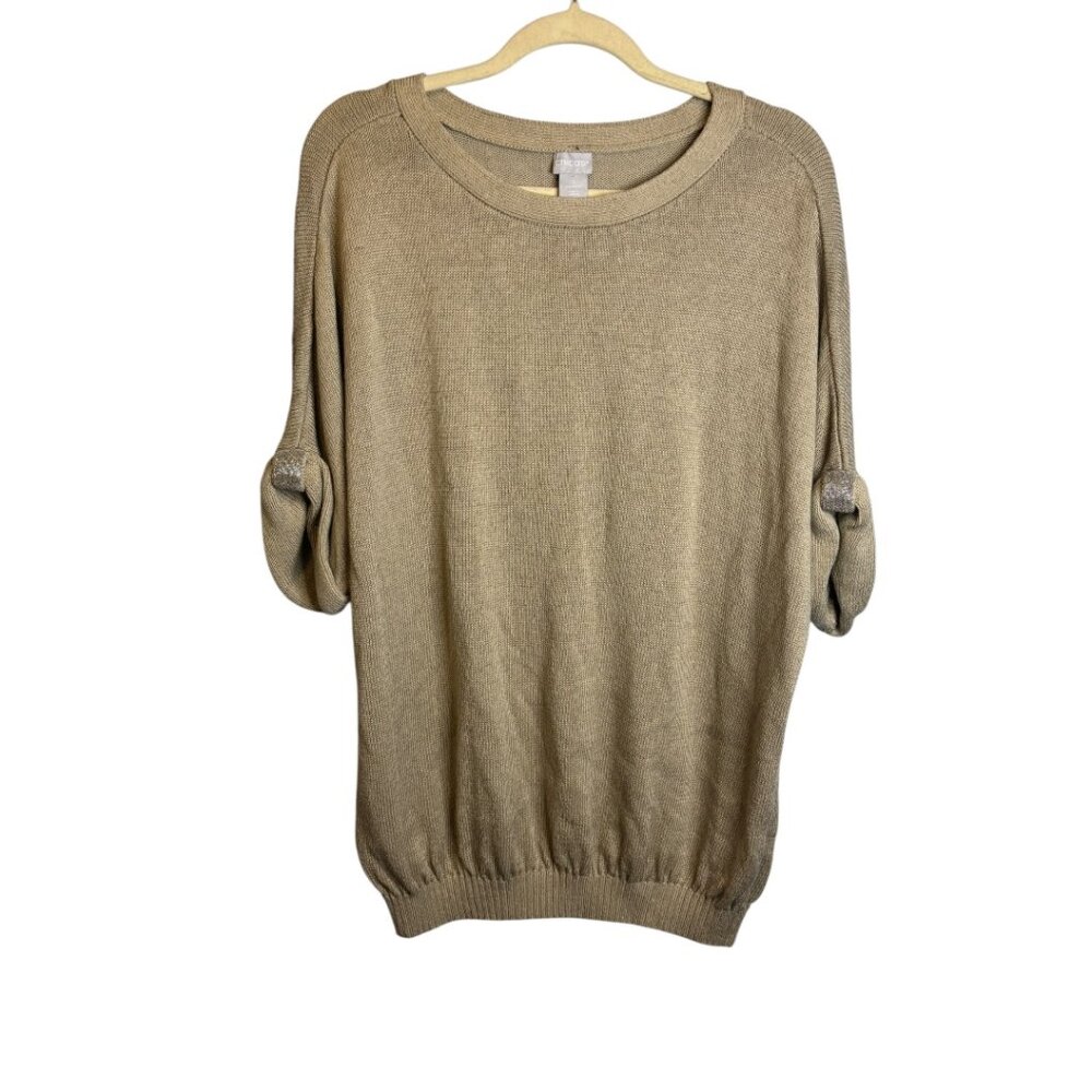 Chico's Sweater Women's XL Oversized Knit Roll Sleeve Tan Chicos‎ 3